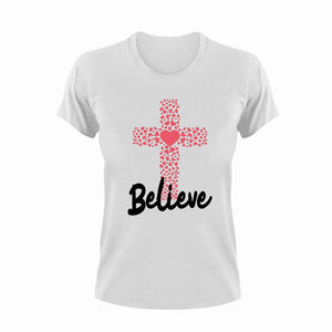 Believe Cross Christian T-Shirtbelieve, christian, cross, heart, hearts, Ladies, love, Mens, Unisex