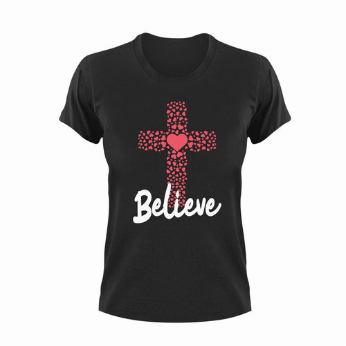 Believe Cross Christian T-Shirtbelieve, christian, cross, heart, hearts, Ladies, love, Mens, Unisex