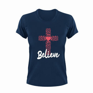 Believe Cross Christian T-Shirtbelieve, christian, cross, heart, hearts, Ladies, love, Mens, Unisex
