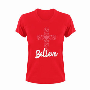 Believe Cross Christian T-Shirtbelieve, christian, cross, heart, hearts, Ladies, love, Mens, Unisex
