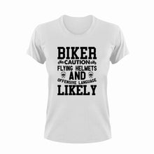 Load image into Gallery viewer, Biker Caution Flying Helmets Funny T-Shirtbike, biker, caution, Caution Flying Items and Offensive Language, funny, helmets, Ladies, Mens, motorcycles, Unisex
