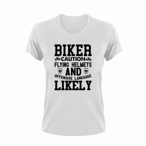 Biker Caution Flying Helmets Funny T-Shirtbike, biker, caution, Caution Flying Items and Offensive Language, funny, helmets, Ladies, Mens, motorcycles, Unisex
