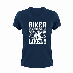 Biker Caution Flying Helmets Funny T-Shirtbike, biker, caution, Caution Flying Items and Offensive Language, funny, helmets, Ladies, Mens, motorcycles, Unisex