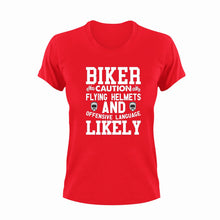 Load image into Gallery viewer, Biker Caution Flying Helmets Funny T-Shirtbike, biker, caution, Caution Flying Items and Offensive Language, funny, helmets, Ladies, Mens, motorcycles, Unisex
