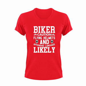 Biker Caution Flying Helmets Funny T-Shirtbike, biker, caution, Caution Flying Items and Offensive Language, funny, helmets, Ladies, Mens, motorcycles, Unisex