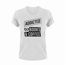 Load image into Gallery viewer, Addicted to books and coffee T-Shirtbig books, books, coffee, Ladies, Mens, Unisex

