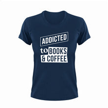 Load image into Gallery viewer, Addicted to books and coffee T-Shirtbig books, books, coffee, Ladies, Mens, Unisex
