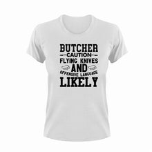 Load image into Gallery viewer, Butcher Caution Flying Knives Funny T-Shirtbutcher, Butchery, caution, Caution Flying Items and Offensive Language, funny, knives, Ladies, meat, Mens, Unisex
