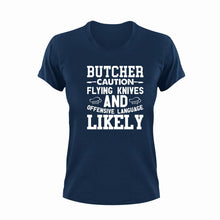 Load image into Gallery viewer, Butcher Caution Flying Knives Funny T-Shirtbutcher, Butchery, caution, Caution Flying Items and Offensive Language, funny, knives, Ladies, meat, Mens, Unisex
