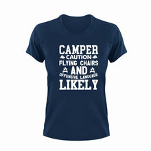 Load image into Gallery viewer, Camper Caution Flying Chairs Funny T-Shirtcamp, camper, campfire, camping, caution, Caution Flying Items and Offensive Language, chair, funny, Ladies, Mens, Unisex
