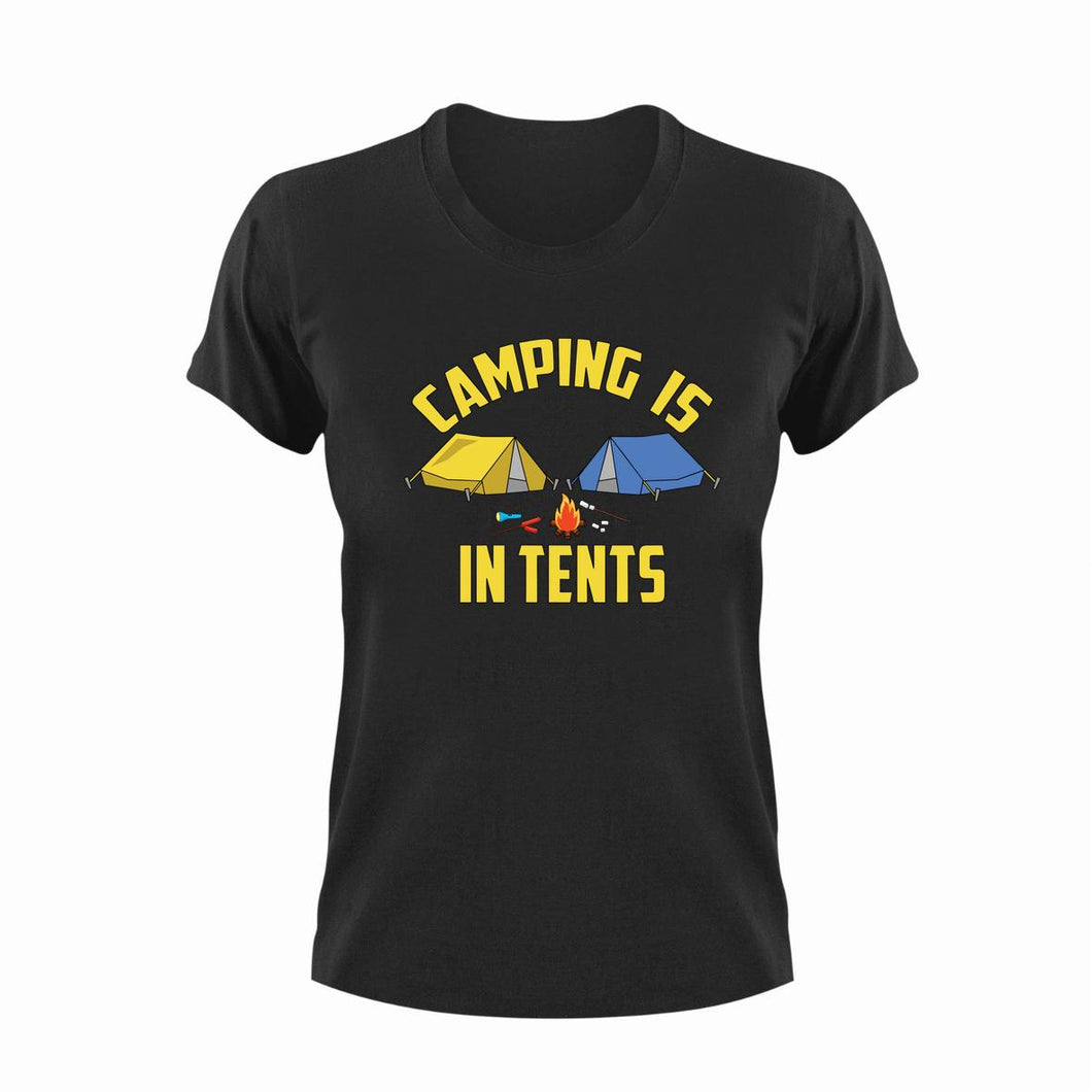 Camping is in tents T-Shirt 1Adventure, campfire, camping, Ladies, Mens, tents, Unisex