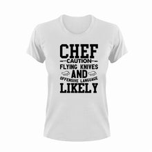 Load image into Gallery viewer, Chef Caution Flying Knives Funny T-Shirtcaution, Caution Flying Items and Offensive Language, chef, funny, knife, Ladies, Mens, Unisex
