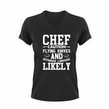 Load image into Gallery viewer, Chef Caution Flying Knives Funny T-Shirtcaution, Caution Flying Items and Offensive Language, chef, funny, knife, Ladies, Mens, Unisex
