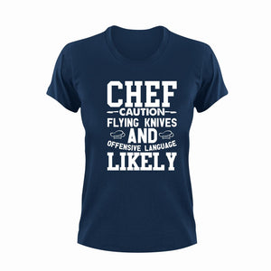 Chef Caution Flying Knives Funny T-Shirtcaution, Caution Flying Items and Offensive Language, chef, funny, knife, Ladies, Mens, Unisex