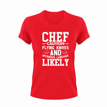 Load image into Gallery viewer, Chef Caution Flying Knives Funny T-Shirtcaution, Caution Flying Items and Offensive Language, chef, funny, knife, Ladies, Mens, Unisex
