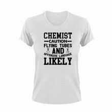 Load image into Gallery viewer, Chemist Caution Flying Tubes Funny T-Shirtcaution, Caution Flying Items and Offensive Language, Chemist, chemistry, funny, Ladies, Mens, test tubes, Unisex
