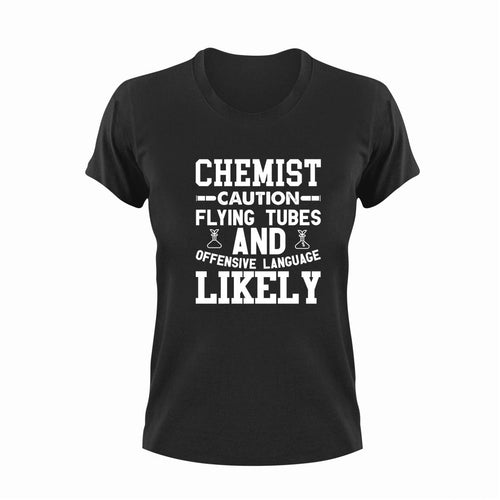 Chemist Caution Flying Tubes Funny T-Shirtcaution, Caution Flying Items and Offensive Language, Chemist, chemistry, funny, Ladies, Mens, test tubes, Unisex