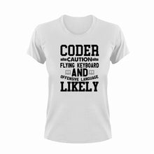 Load image into Gallery viewer, Coder Caution Flying Keyboard Funny T-Shirtcaution, Caution Flying Items and Offensive Language, code, coder, coding, Computer Programmer, funny, keyboards, Ladies, Mens, Unisex, whistle

