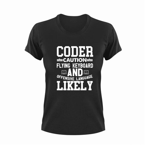 Coder Caution Flying Keyboard Funny T-Shirtcaution, Caution Flying Items and Offensive Language, code, coder, coding, Computer Programmer, funny, keyboards, Ladies, Mens, Unisex, whistle
