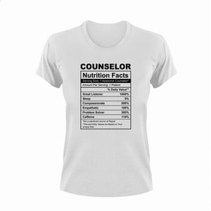 Counselor Nutrition Facts Funny T-ShirtCounselor, funny, Ladies, Mens, Nutrition Facts, Unisex