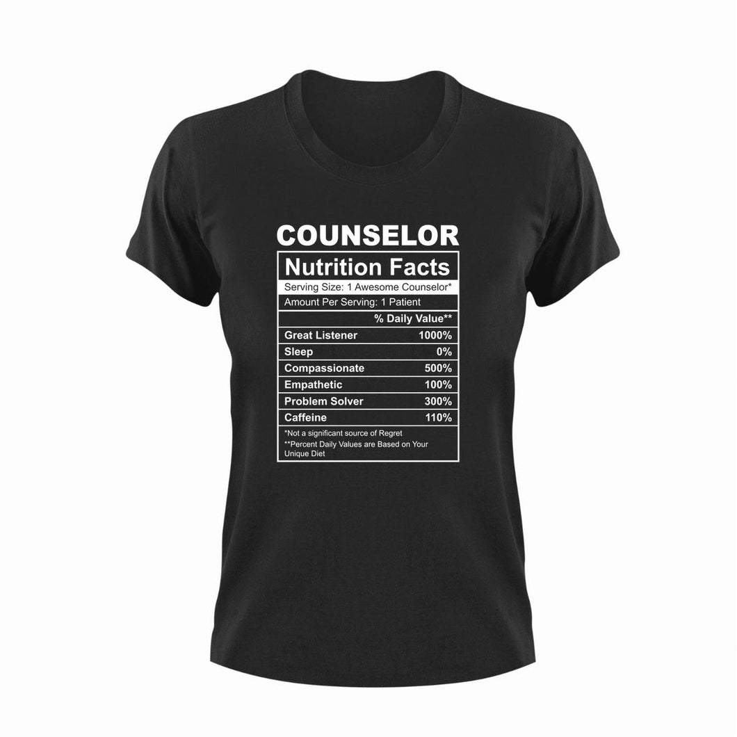 Counselor Nutrition Facts Funny T-ShirtCounselor, funny, Ladies, Mens, Nutrition Facts, Unisex