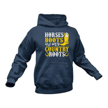Load image into Gallery viewer, Horses and Boots are my Country Roots Hoodie
