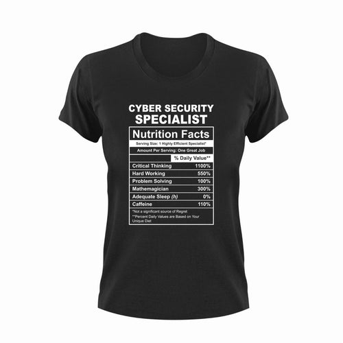 Cyber Security Specialist Nutrition Facts Funny T-ShirtCyber Security Specialist, funny, Ladies, Mens, Nutrition Facts, Unisex