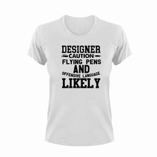 Load image into Gallery viewer, Designer Caution Flying Pens Funny T-Shirtcaution, Caution Flying Items and Offensive Language, Designer, funny, Ladies, Mens, pen, pens, Unisex
