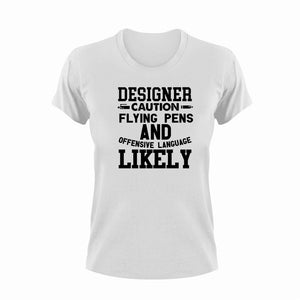 Designer Caution Flying Pens Funny T-Shirtcaution, Caution Flying Items and Offensive Language, Designer, funny, Ladies, Mens, pen, pens, Unisex