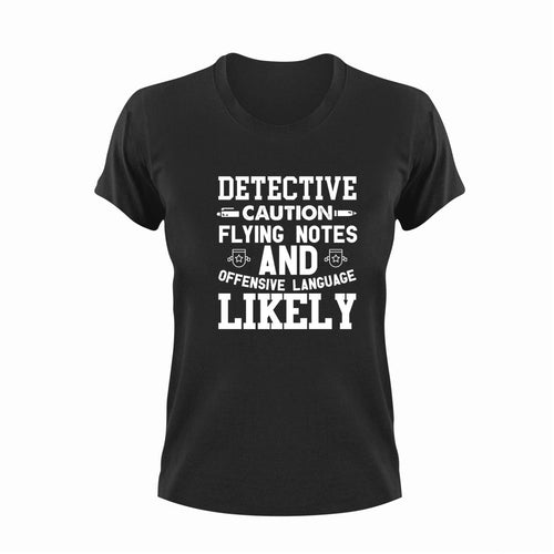 Detective Caution Flying Notes Funny T-Shirtcaution, Caution Flying Items and Offensive Language, Crime, Detective, funny, Ladies, Mens, note, notes, Unisex