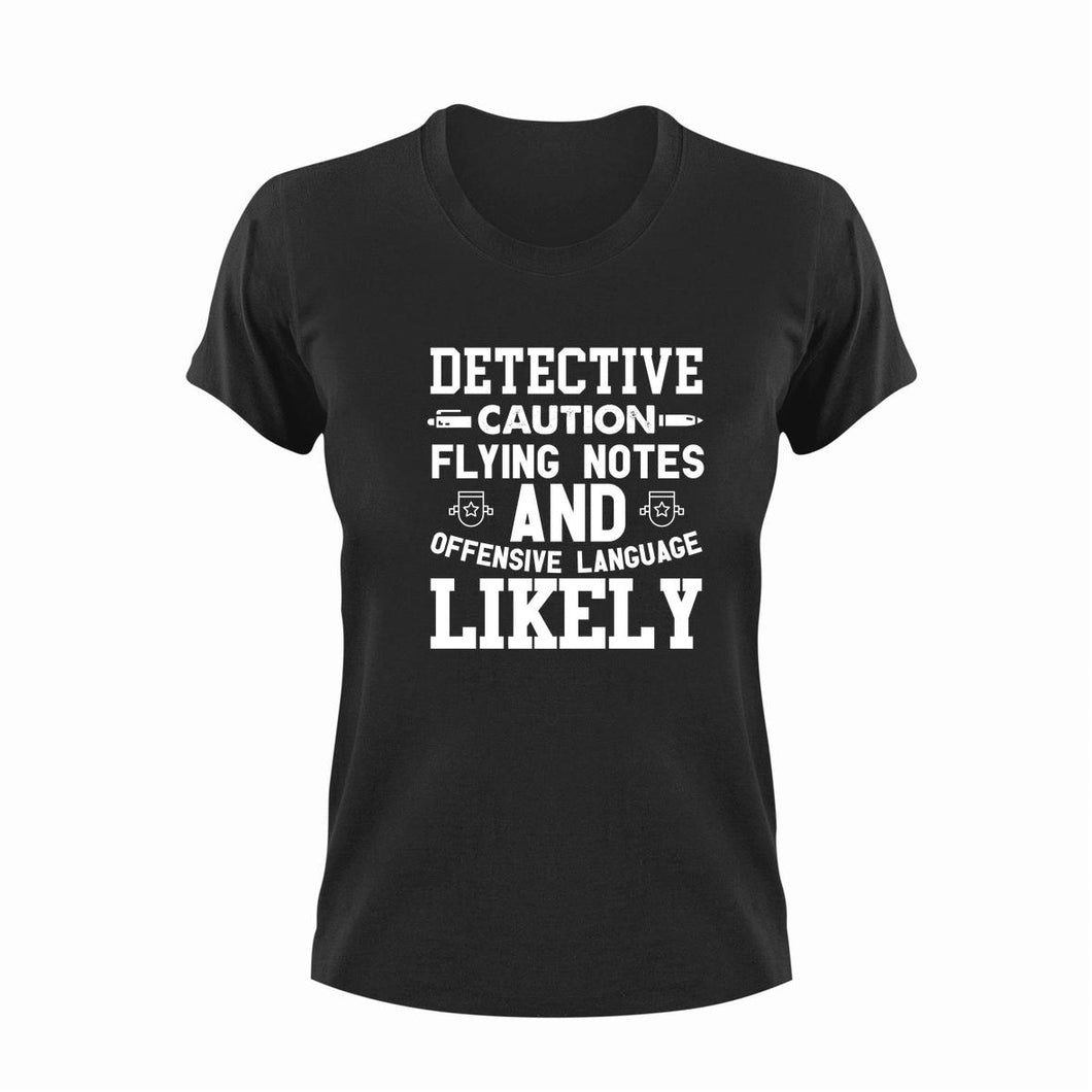 Detective Caution Flying Notes Funny T-Shirtcaution, Caution Flying Items and Offensive Language, Crime, Detective, funny, Ladies, Mens, note, notes, Unisex