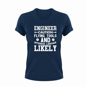 Engineer Caution Flying Tools Funny T-Shirtcaution, Caution Flying Items and Offensive Language, engineer, funny, Ladies, Mens, tools, Unisex