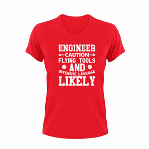 Engineer Caution Flying Tools Funny T-Shirtcaution, Caution Flying Items and Offensive Language, engineer, funny, Ladies, Mens, tools, Unisex