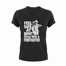 Load image into Gallery viewer, Feel safe at night sleep with a firefighter T-Shirtfire, Firefighter, firefighter mom, fireman, firetruck, Ladies, Mens, sleep, Unisex
