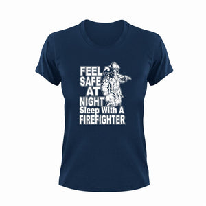 Feel safe at night sleep with a firefighter T-Shirtfire, Firefighter, firefighter mom, fireman, firetruck, Ladies, Mens, sleep, Unisex