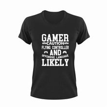 Load image into Gallery viewer, Gamer Caution Flying Controller Funny T-Shirtcaution, Caution Flying Items and Offensive Language, controller, funny, gamer, games, Ladies, Mens, Unisex, videogames
