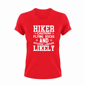 Hiker Caution Flying Rocks Funny T-Shirtcaution, Caution Flying Items and Offensive Language, funny, Hike, hiker, hiking, Ladies, Mens, rocks, Unisex