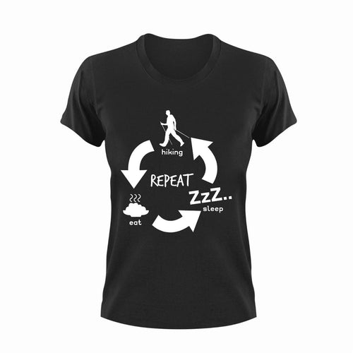 Eat sleep hiking repeat T-ShirtAdventure, eat, hiking, Ladies, Mens, repeat, sleep, Unisex