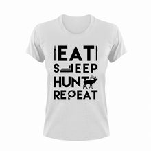 Load image into Gallery viewer, Eat sleep hunt repeat T-Shirtanimals, deer, eat, hunt, hunter, hunting, Ladies, Mens, repeat, sleep, Unisex
