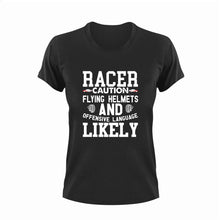 Load image into Gallery viewer, Racer Caution Flying Tires Funny T-Shirtcaution, Caution Flying Items and Offensive Language, funny, Ladies, Mens, race, racer, racetrack, racing, tires, Unisex
