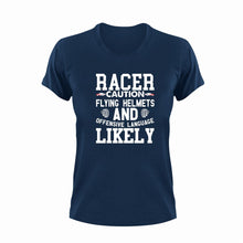 Load image into Gallery viewer, Racer Caution Flying Tires Funny T-Shirtcaution, Caution Flying Items and Offensive Language, funny, Ladies, Mens, race, racer, racetrack, racing, tires, Unisex
