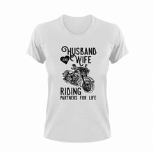 Load image into Gallery viewer, Husband And Wife Riding Partners For Life T-Shirtbike, biker, husband, Ladies, Mens, motorcycles, ride, riding, Unisex, wife
