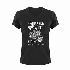 Husband And Wife Riding Partners For Life T-Shirtbike, biker, husband, Ladies, Mens, motorcycles, ride, riding, Unisex, wife