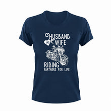 Load image into Gallery viewer, Husband And Wife Riding Partners For Life T-Shirtbike, biker, husband, Ladies, Mens, motorcycles, ride, riding, Unisex, wife
