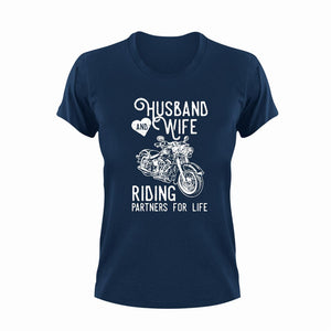 Husband And Wife Riding Partners For Life T-Shirtbike, biker, husband, Ladies, Mens, motorcycles, ride, riding, Unisex, wife