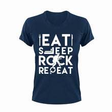 Load image into Gallery viewer, Eat Sleep Rock Repeat T-Shirtguitar, Ladies, Mens, music, musician, rock, rock music, Unisex
