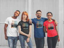 Load image into Gallery viewer, 1990&#39;s vintage t-shirt on a group of peoples t-shirts with 1990 and tape in colour
