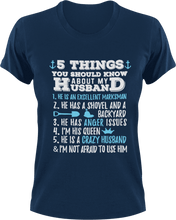 Load image into Gallery viewer, 5 things you should know about my husband T-Shirtcouple, dad, Dad Jokes, fatherhood, Fathers day, Ladies, Mens, Unisex, wife
