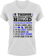 Load image into Gallery viewer, 5 things you should know about my husband T-Shirtcouple, dad, Dad Jokes, fatherhood, Fathers day, Ladies, Mens, Unisex, wife
