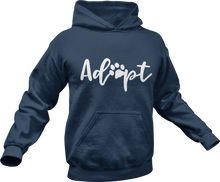 Load image into Gallery viewer, Adopt printed on a blue hoodie
